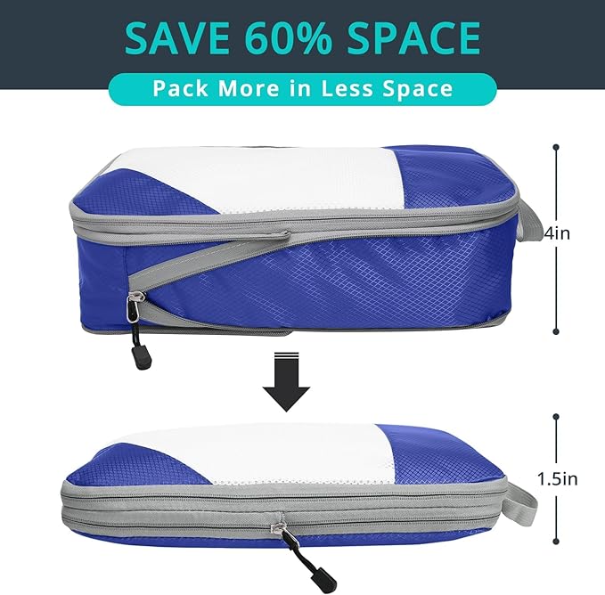 Compression Packing Cubes 3 Set, Compressible Space-Saving Packing Cubes for Travel - Compression Bags, Luggage Organizer, Travel Essentials for Women, Royal Blue