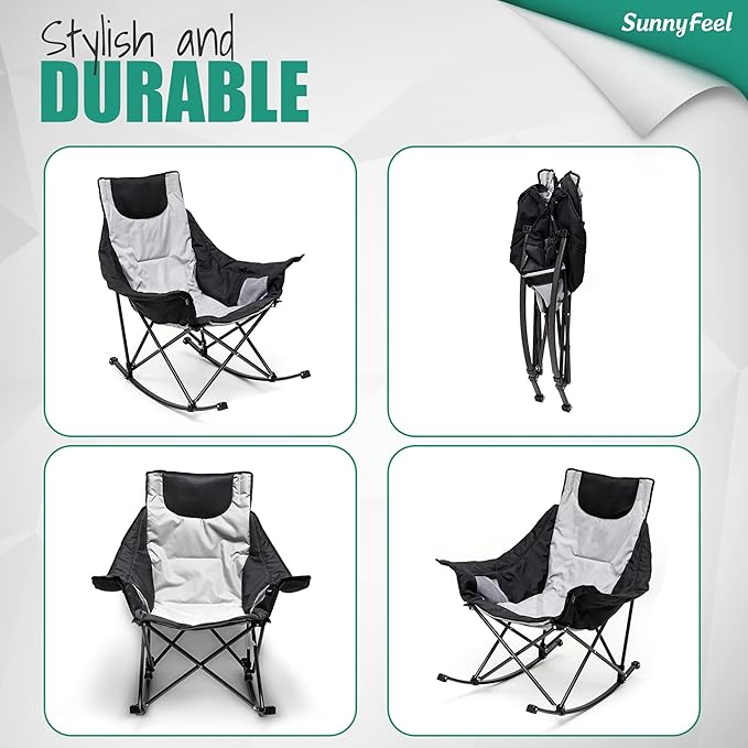 SUNNYFEEL Oversized Heated Camping Chair 2 Pack, Folding Rocking Camping Chairs with Luxury Padded Recliner,Carry Bag, 300 LBS Heavy Duty for Lawn/Outdoor/Picnic/Patio, Portable Rocker Camp Chair