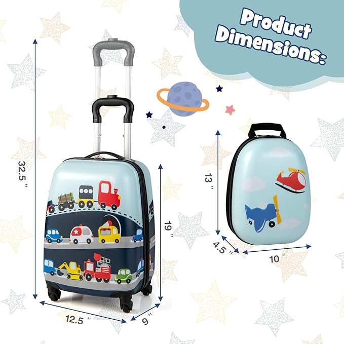 Goplus 2PC Kids Luggage, 12" & 16" Kids Carry On Luggage Set with 4 Spinner Wheels, Lightweight Rolling Spinner Suitcase for Children Toddlers Boys and Girls Travel