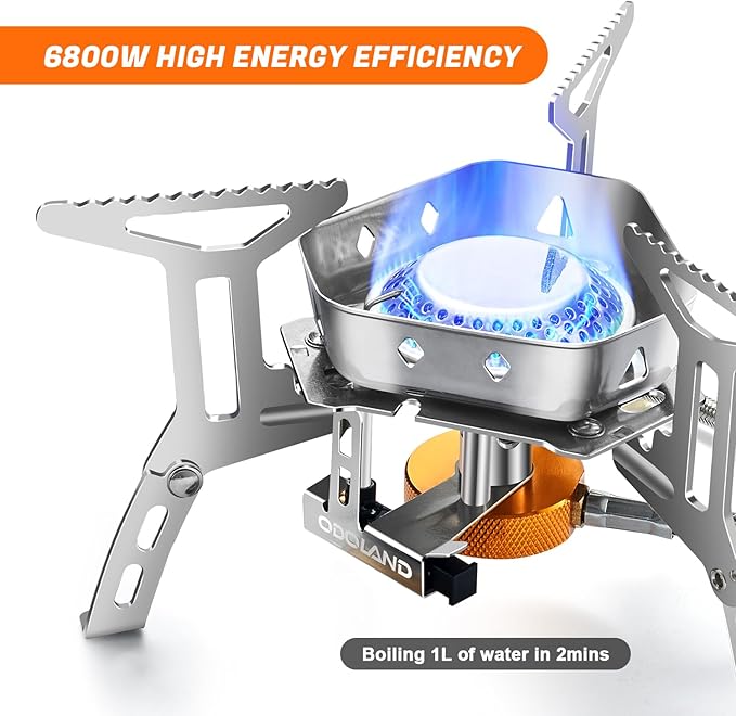Odoland 3500W/6800W Windproof Camp Stove Camping Gas Stove with Windscreen, Fuel Canister Adapter, Piezo Ignition for Outdoor Backpacking Hiking and Picnic