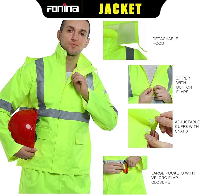 FONIRRA Hi Vis Safety Rainsuit for Men Waterproof Yellow Reflective Class 3 Rain Jacket Gear Pants(S/M)