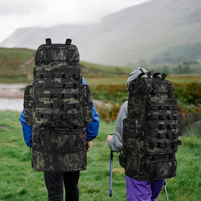 70L/100L Camping Hiking Backpack with Rain Cover, Expandable Large Military Tactical Backpack, Waterproof Molle Racksack Travel Backpacking Daypack for Climbing Trekking (Black CP)