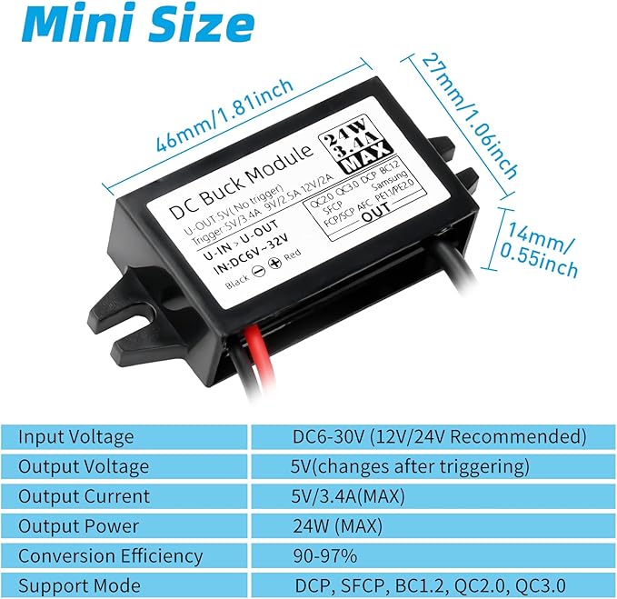 24W DC 12V/24V to 5V3.5A 9V 12V/2A USB C Step Down Converter,Aideepen 3A 24W Type-C Output Charging Module Waterproof Buck Module Power Adapter Compatible with Raspberry Pi 4, Mobile（2-Pack）