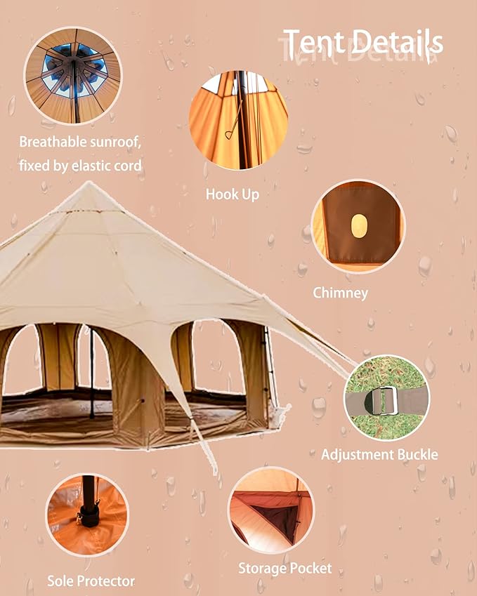 Cotton Canvas Tent Bell - Yurts Breathable and Windproof,Glamping for 6/8/10Person Family Camping