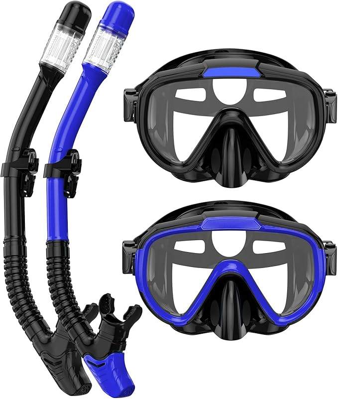 Snorkel Set Adults Snorkeling Gear Anti-Fog Panoramic View Swim Mask Dry Top Snorkel Kit with Carry Bag for Snorkeling Scuba Diving Swimming Travel