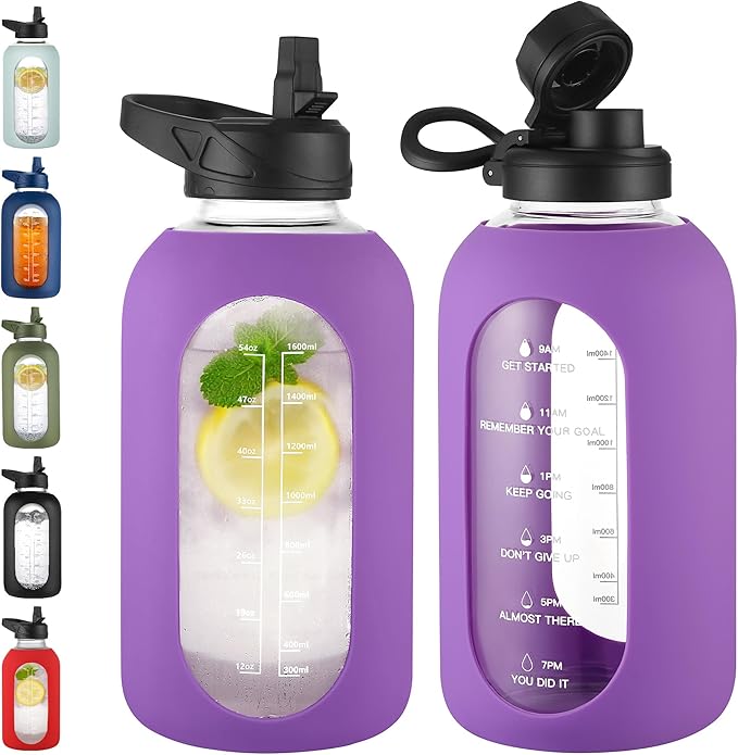 CIVAGO 64 oz Glass Water Bottle Jug with Straw and Handle, Half Gallon Sports Motivational Water Bottle with Time Marker, Wide Mouth Water Flask Canteen with Silicone Sleeve for Gym, Lilac