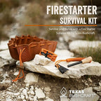 Texas Bushcraft Fire Starter Survival Kit - Ferro Rod Flint Fire Steel, Striker Tool | Cowhide Leather Tinder Bag | Emergency Paracord Bracelet Camping Gear