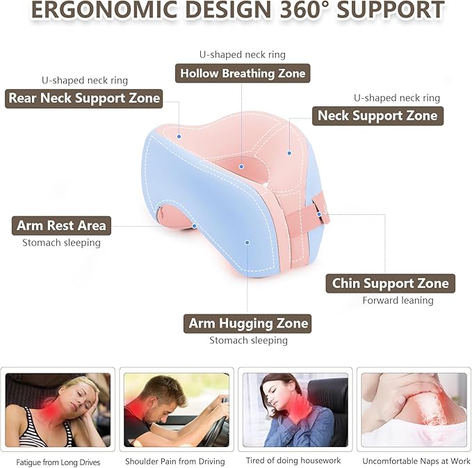2in1 Ergonomic Memory Foam Travel Neck Pillow – Upgrade Travel Pillow for All Sleep Positions on Flights, Road Trips, and Long Distance Travel with Drawstring Bag (Adjustable - Blue and Pink)
