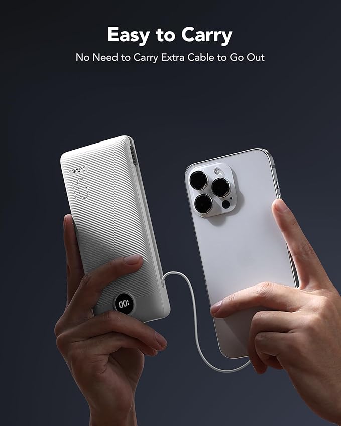 VRURC Portable Charger 10000mAh, Slim Portable Charger with Wall Plug, 22.5W USB Port Fast Charging Power Bank with Cables, 4 Outputs 2 Inputs Travel Essentials Battery for Smartphones-White (1 Pack)