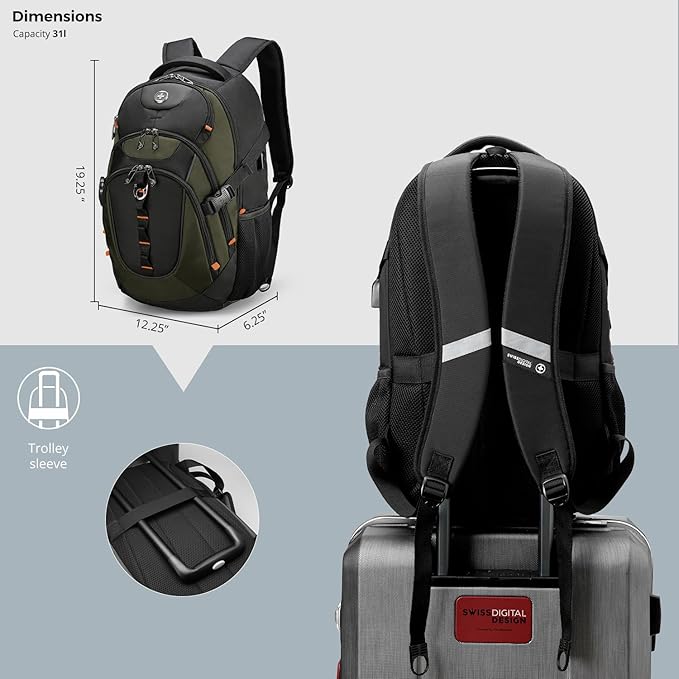Swissdigital Design Laptop Backpack, Travel Backpack with USB Charging Port Fits 15.6 inches Computer, 31L College School Bookbag for Men,Olive/Black | SD803-26