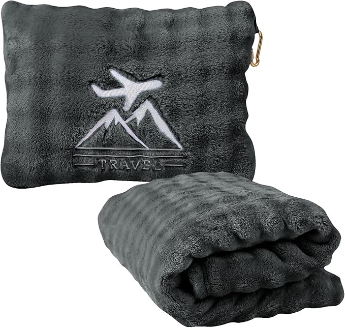 Travel Blanket and Pillow-2-in-1, Ultra-Soft&Compact, One-Piece Airplane Blanket with Hand Luggage Belt and Backpack Clip,Travelers Accessories Gifts, 61x43 Inches (Dark Grey)
