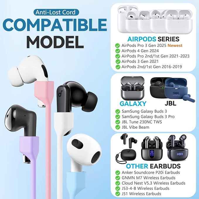 4 Pack Ultra Strong Magnetic AirPod Pro Straps, Anti-Lost Neck Cord for AirPods Pro 3rd,Air Pod 4th, Air Pod Pro 2nd/1st, AirPod 3rd, AirPod 2nd/1st- White+Sky Blue+Pink+Purple