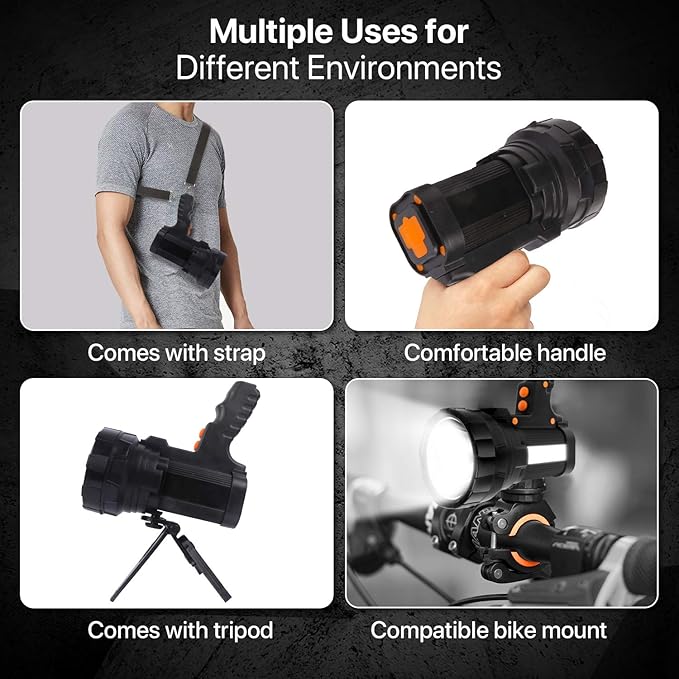 Powerful Spotlight - Super Bright 6000 Lumen Rechargeable Flashlight with 3 Light Modes, Long Battery Life, Waterproof, Durable ABS & Aluminum Alloy Construction, Adjustable Tripod & Strap