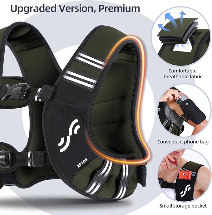 Sportneer Weighted Vest for Women Men: 8lbs/12lbs/15lbs/20lbs/25lbs Weight Vest with Detachable Phone Pouch Rucking Vest for Women Walking Strength Training Muscle Building Weight Loss