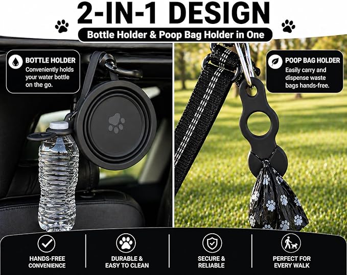 Black Slow Feeder Travel Dog Bowl Set | 30oz Stainless Steel + 20oz Collapsible Silicone Dish | Water Bottle Holder| Non-Slip, Anti-Choking, BPA-Free | We Give Back