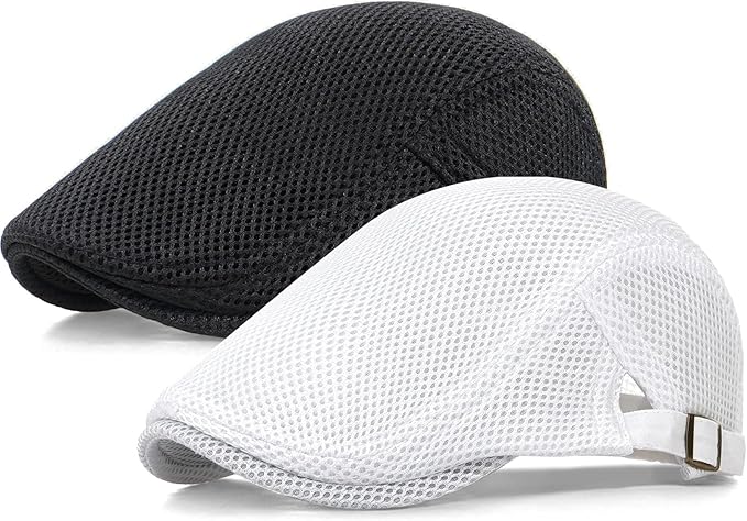 2 Pack Men's Mesh Cap Breathable Summer Newsboy Hat Adjustable Beret Ivy Cap Irish Cabbie Driving Hunting Hats