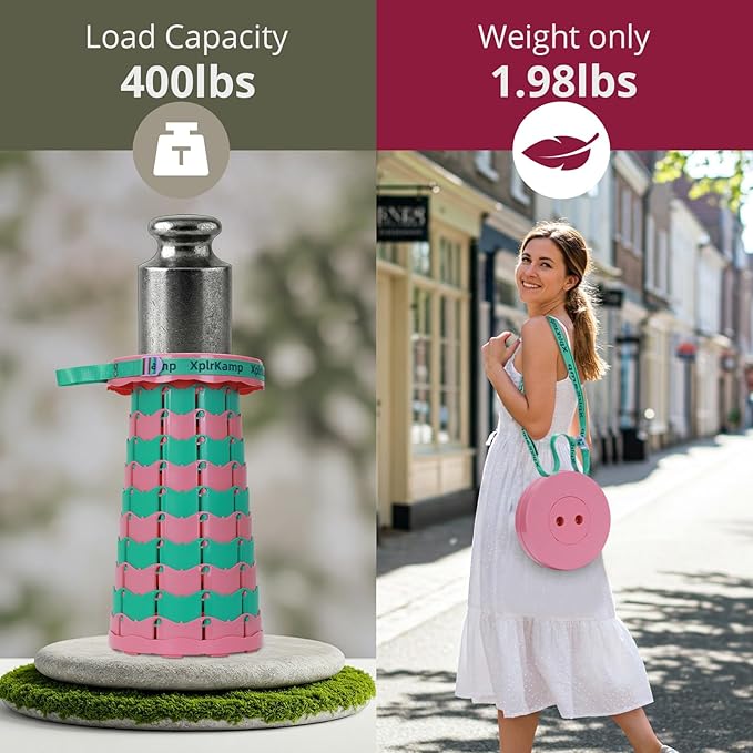 Retractable Folding Stool - Heavy Duty 400 lb Collapsible Portable Stool for Camping, Hiking, Fishing, Indoor/Outdoor with Non-Slip Base and Lightweight Design (Pink Green, 1-Pack)