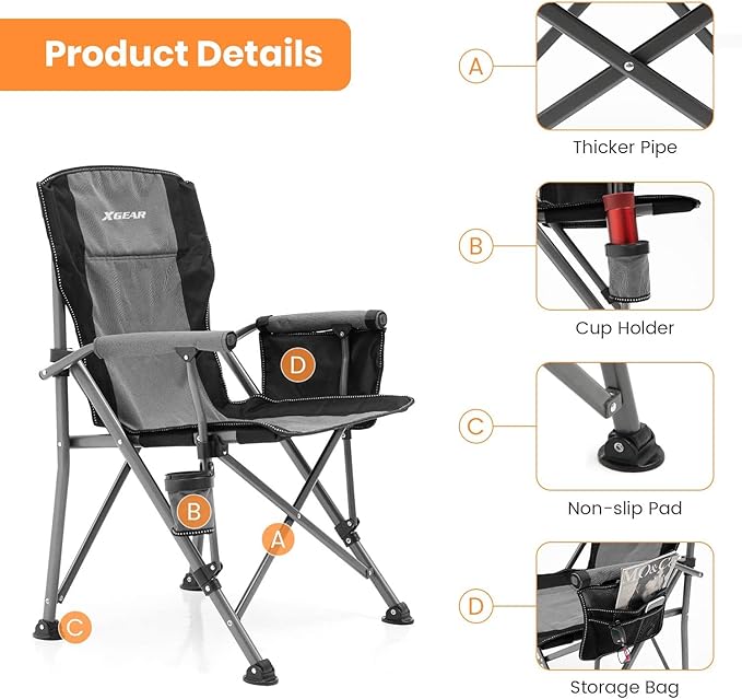 XGEAR Camping Chair with Padded Hard Armrest, Sturdy Folding Camp Chair with Cup Holder, Storage Pockets Carry Bag Included, Support to 400 lbs