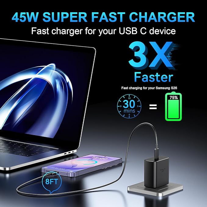 45W USB C Super Fast Charger Type C Charger Fast Charging Android Phone Charger Block with 8FT Type C Charging Cable for Samsung Galaxy S26 Ultra/S26/S26+/S25/S25 Ultra/S25+/S24 Ultra/S23 Ultra/S22