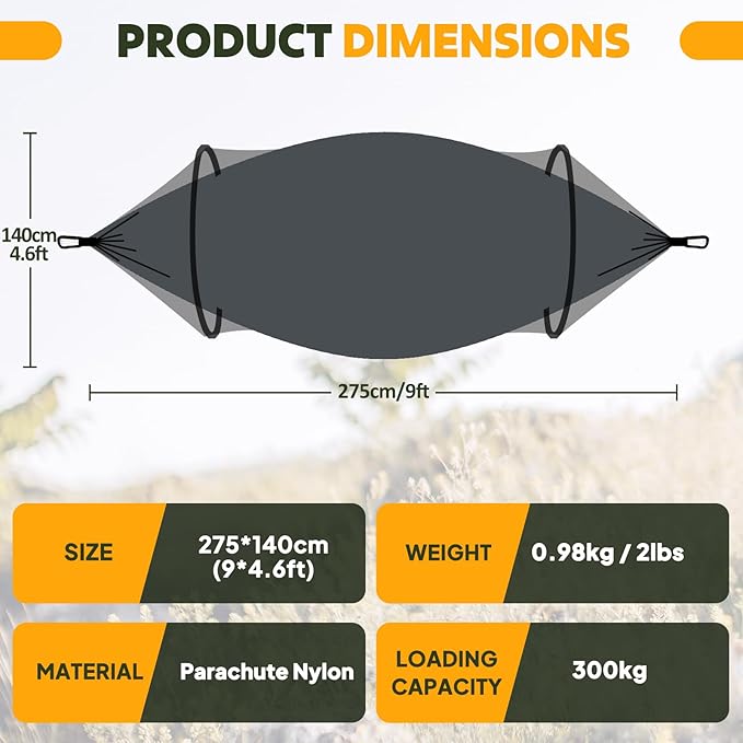 Chihee Ultra-Light Travel Camping Hammock Pop-up Net Hammock 660lbs Load Capacity,Breathable,Quick-Drying Parachute Nylon 2 Premium Carabiners,2 Tree Slings Included for Outdoor Backpacking Hiking