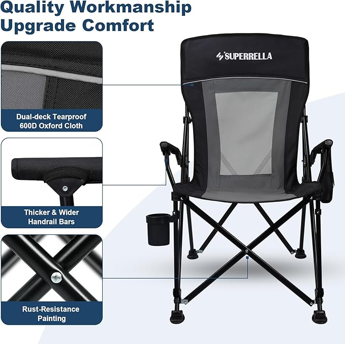 Camping Chair Portable Folding Lawn Chair Comfortable Hard Arm Sturdy for Family Camp, Outdoor, Sports, Beach, Travel, Support 400 lbs, Black&Grey