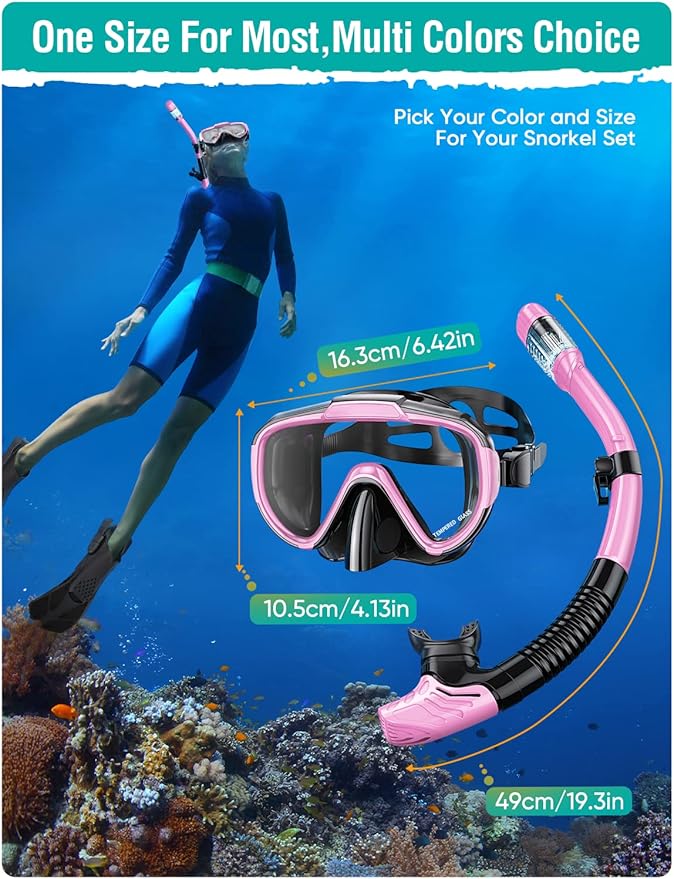 Snorkel Set Adults Snorkeling Gear Anti-Fog Panoramic View Swim Mask Dry Top Snorkel Kit with Carry Bag for Snorkeling Scuba Diving Swimming Travel