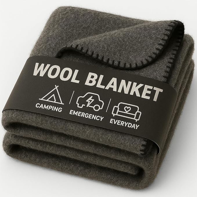 Wool Camping Blanket – 70% Wool Heavy-Duty Military Style Throw, Warm & Washable, Fire Retardant Cover for Emergency, Survival & Outdoor Use – Perfect for Camping, Car, Home & Hiking, Grey 66x90