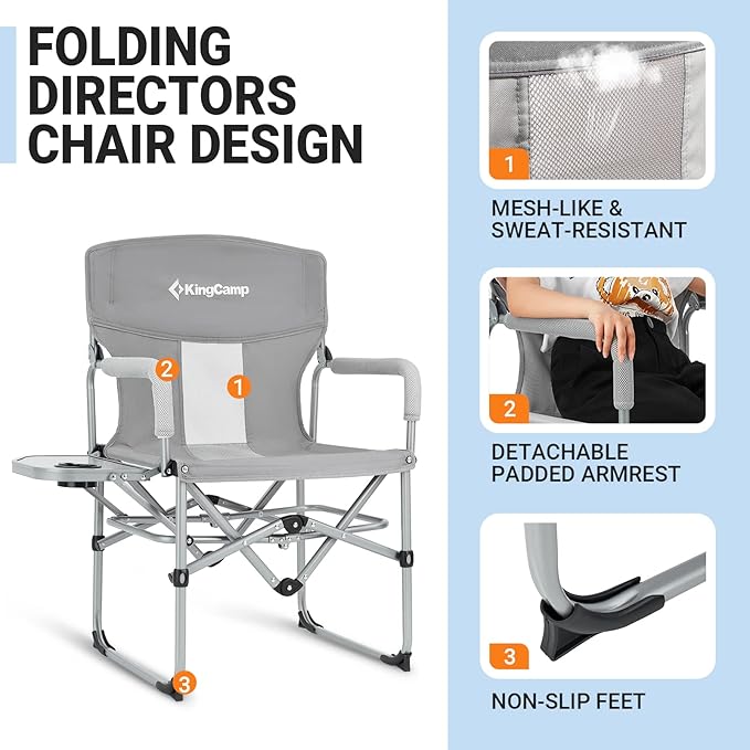 KingCamp XXL Oversized Directors Chair with Side Table, Heavy Duty Camping Chairs 600lbs with Cooler Bag, Portable Folding Camp Chair with Wide Seat for Camping Hiking Fishing Lawn Outdoor and Sports