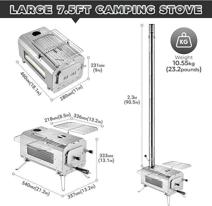 KingCamp Hot Tent Stove, Foldable Camping Stove with Large Firebox, 7.5ft Winter Camping Stove for Tent, Shelter, Cabin Heating, With Chimney Pipes, Heat Resistant Glass & Gloves for Outdoor