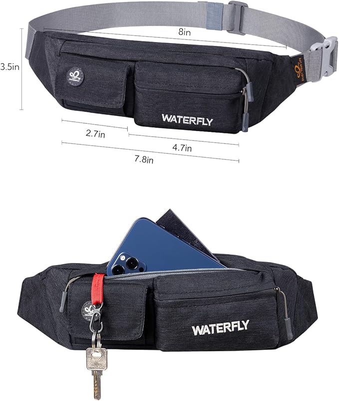 WATERFLY Fanny Pack for Women Men Water Resistant Small Waist Pouch Slim Belt Bag with 4 Pockets Lightweight Crossbody Chest Bag Fit All Phones, 11.02 x 2.1 x 4.3 inch
