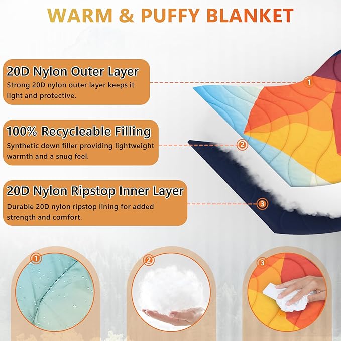 Camping Blanket, Packable Down Alternative Puffy Outdoor Blankets Lightweight Water-Resistant Compact Outdoor Blanket for Airplane Travel Picnic Stadium Hiking Party Cold Weather 55"x78.8"