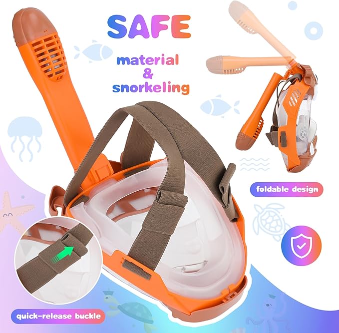 Full Face Snorkel Mask for Kids 4-16, 180 Degree Panoramic View Snorkeling Set Anti-Fog Anti-Leak, Foldable Dry Top Snorkeling Gear for Kids