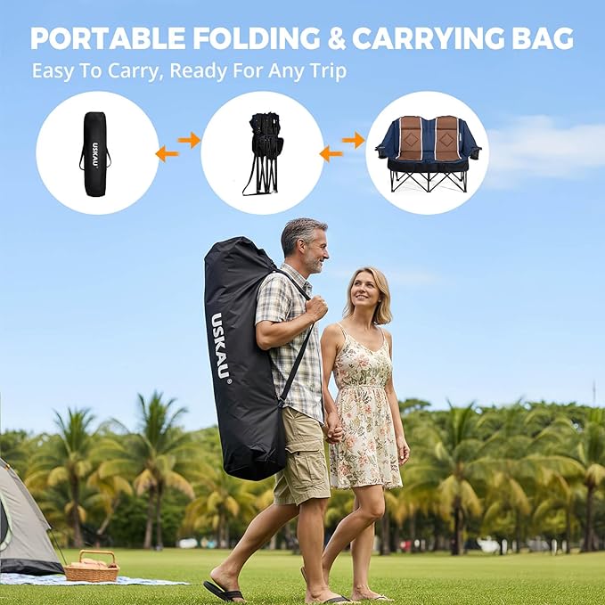 Double Camping Chair for Adults Oversized 2 Person Loveseat Chair for Heavy People, Folding Padded Outdoor Seat with Cup Holders & Carry Bag, 660 lbs Capacity, for Camping, Sports, Backyard