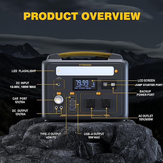 VTOMAN Jump 600X Portable Power Station 600W, 299Wh Solar Generator LiFePO4 Battery Power Station with 600W Pure Sine Wave (Surge 1200W) AC Outlet, PD 60W USB-C, 3x Regulated 12V/10A DC for Camping