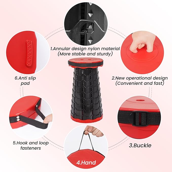 2 Pack Portable Telescoping Stools Collapsible Stool with Cushion,Retractable Foldingstool Max Load Capacity 400lbs, Portable Collapsible Stools for Camping Hiking Outdoor BBQ Black-Red