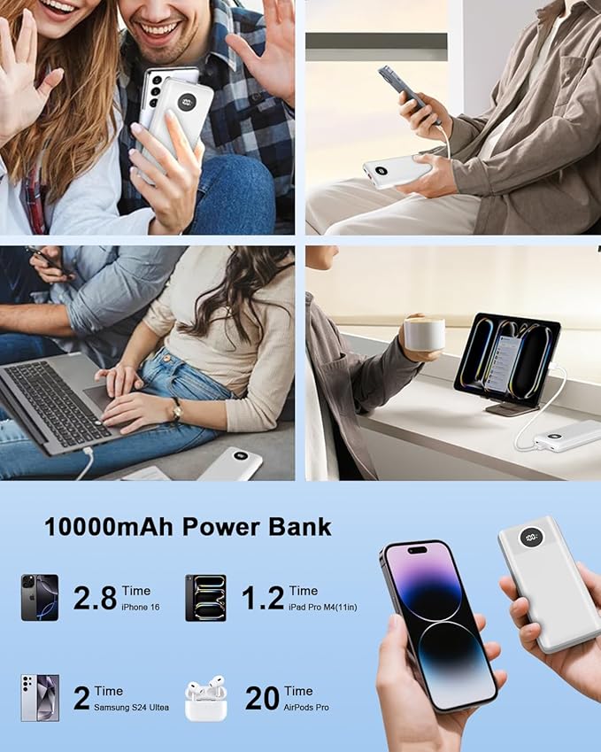 Portable Charger 10000mAh 22.5W PD/QC3.0 Fast Charging Power Bank with Built-in Lightning and Type-C Cables 5V-4.5A Slim for iPhone 16/15/14/13,Samsung,iPad,Tablets,Google Pixel,AirPods and More