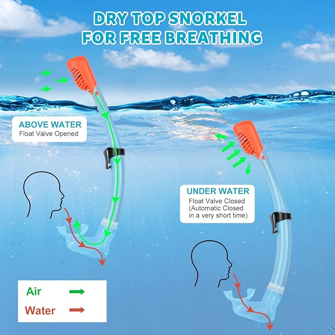 Youth Snorkel Set for Ages 7-16, Snorkeling Gear for Kids with Panoramic View Mask Anti-Fog Anti-Leak Full Dry Top Snorkel Fins Travel Bag for Swimming Diving