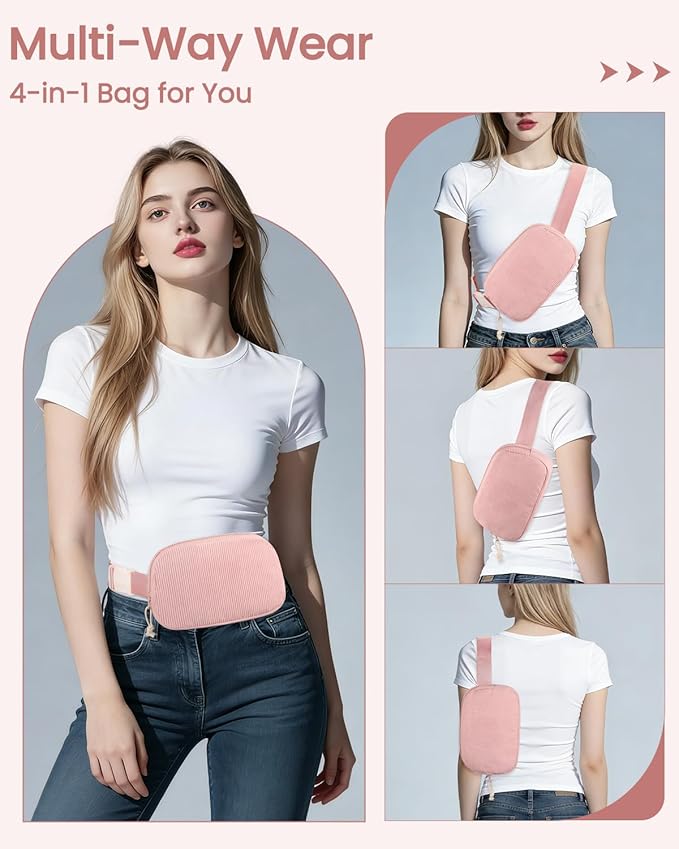 Vankor Pink Fanny Pack for Women Cross Body, Corduroy Pink Belt Bag for Women Crossbody Stylish Waist Pack Purse for Travel, Hiking, Workout, Running