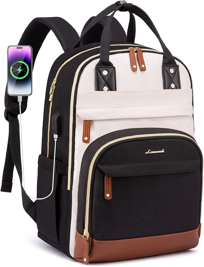 LOVEVOOK Laptop Backpack Women with USB Port Design,17.3 inch Waterproof Work Travel Backpack Computer Laptop Bag,Cute College Nurse Teacher Backpack Purse,Gifts for Women & Men,Beige-Black-Brown