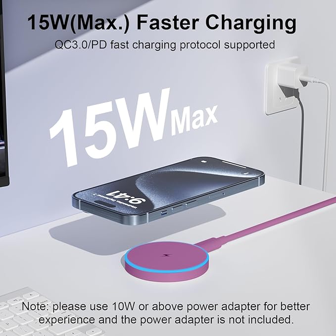 MagSafe Charger 2 Pack 15W Magnetic Wireless Charger Fast Charging Pad Compatible with iPhone 17/16/15/14/13/12 Series & AirPods 4/3/2/Pro Magnetic MagSafe Charging Pad with Dual Ports-Purple