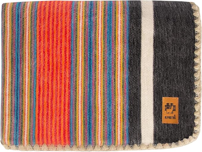 Alpaca Wool Blanket – Twin Size, 75 x 38 Inches – Warm & Lightweight – Couch, Bed, or Outdoor Blanket – Orange & Blue