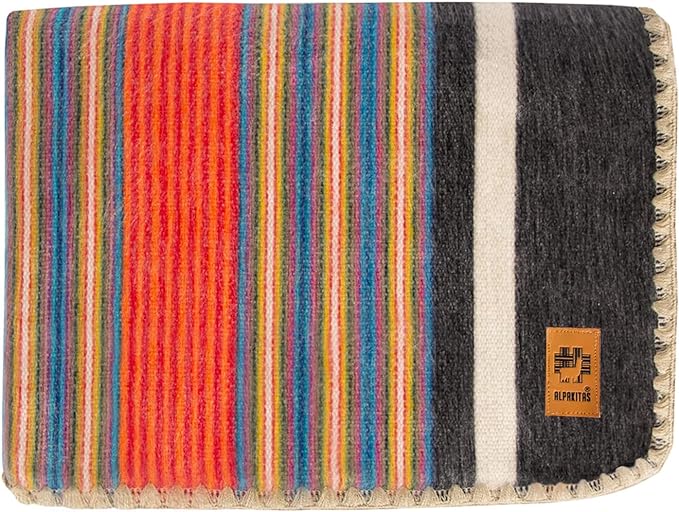 Alpaca Wool Blanket – Queen Size, 87 x 64 Inches – Warm & Lightweight – Couch, Bed, or Outdoor Blanket – Orange & Blue
