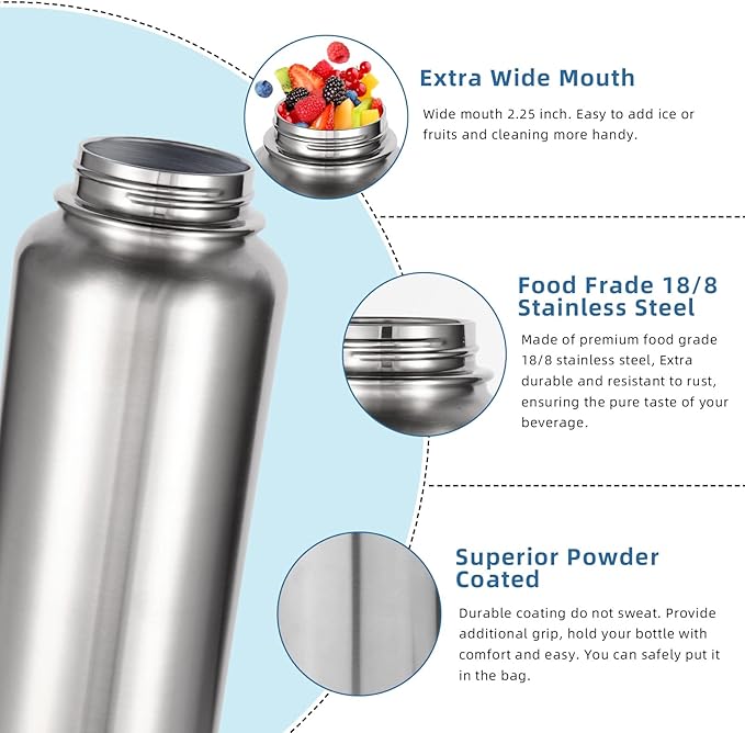 Volhoply 32 oz Insulated Water Bottle with Straw Lid and Spout Lid,Stainless Steel Sports Water Bottle,Double Wall Vacuum Cups,Leakproof Metal Flask with Wide Mouth for Hiking,Camping(Silver,1)