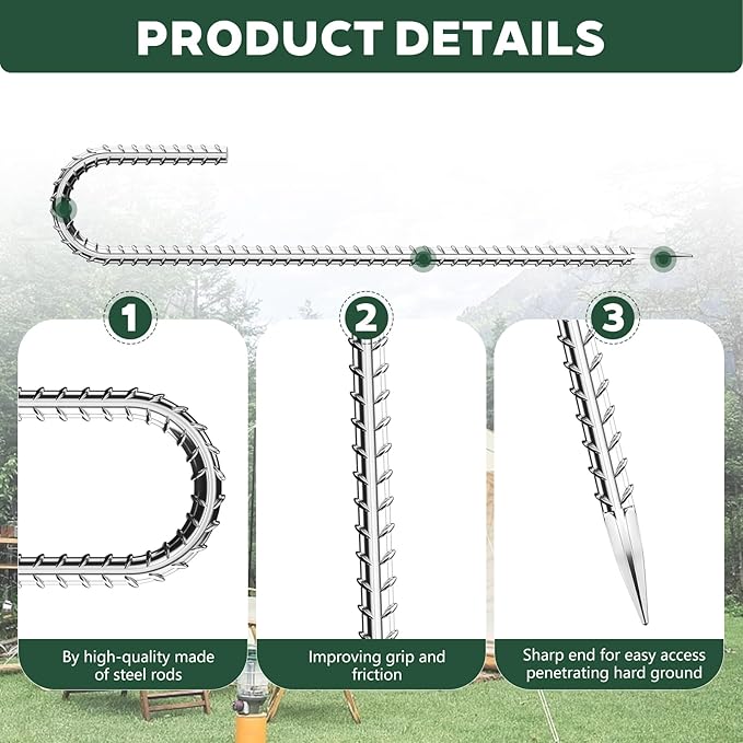 20 Pieces 12 Inch Long 5/16 Inch Diameter Rebar Tent Stakes Heavy Duty, Ground Anchors,Rebar Yard Fence Metal Lawn Bounce House Stakes Heavy Duty, Chain Link Fence J Hooks for Garden Wire Fencing