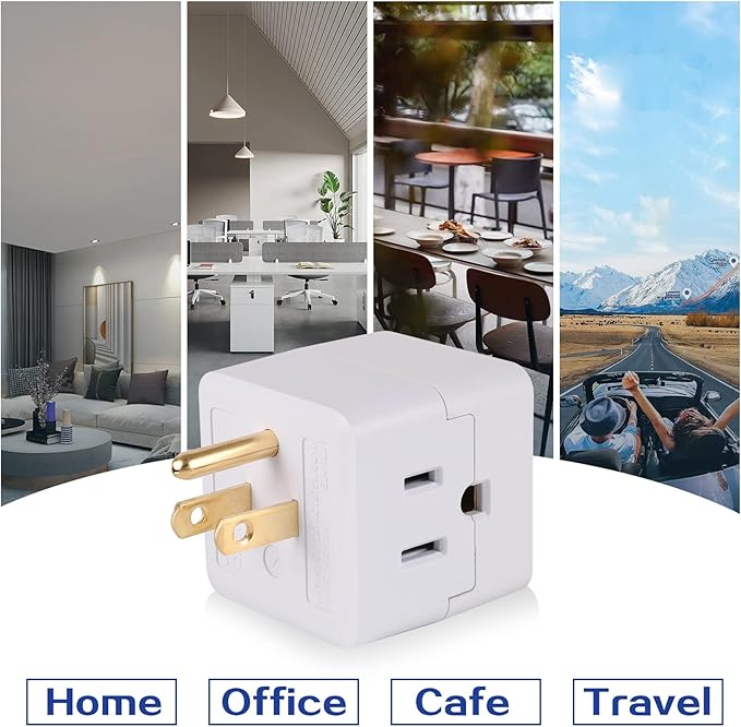 3 Outlet Wall Adapter UL Listed 3 Outlet Power Cube Tap, 3-Prong Outlet Splitter, Multi Plug Outlet Grounded Indoor, 3 Way Plug Adapter, Outlet Extender for Home or Travel (White, 3 Pack)