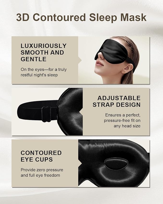 Luxury 22 Momme 100% Mulberry Silk Sleep Mask – 3D Eye Mask with Adjustable Strap, Gentle on Skin and Eyes, Provides Complete Light Blockage for Deep Sleep (Black, Adjustable)