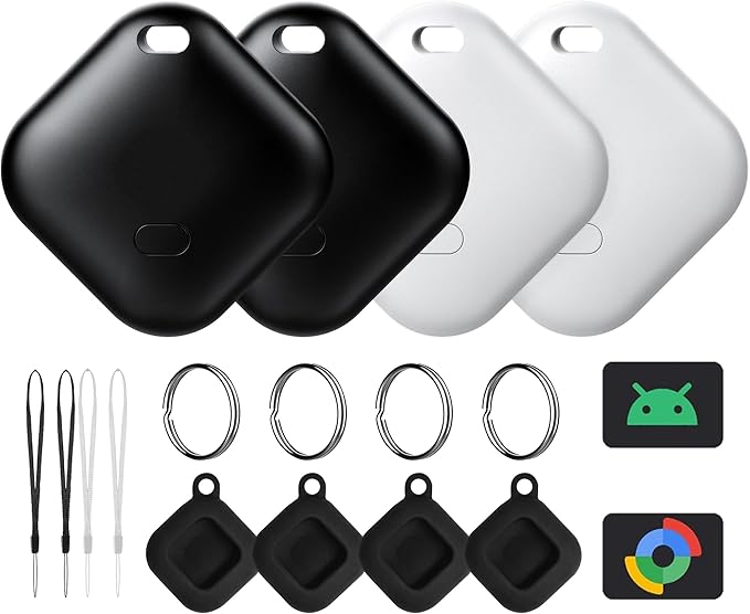Air Tag for Android, Tags-4 Pack Tracker with 4 Case, Works via Google Find Hub App, Android Tracker Tags, Item Finder for Key, Backpack, Travel and Commute, 2 Black, 2 White (NOT for iOS)