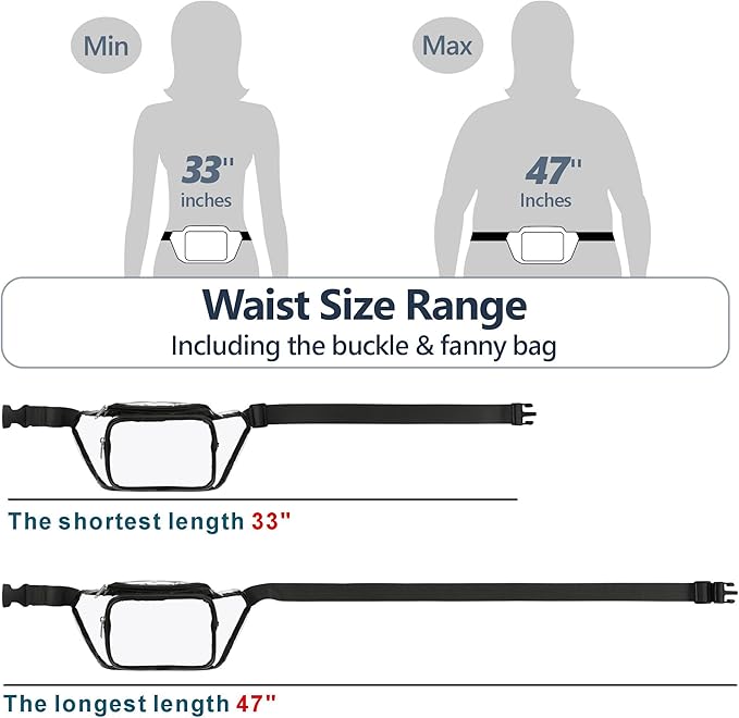 Veckle Clear Fanny Pack Stadium Approved - Adjustable 33-47 Inch Strap, Transparent Belt Bag for Women Men Fits 7.5-inch Smartphone, Waist Bag Clear Bag for Sport Events, Concerts, 2-Pack Black