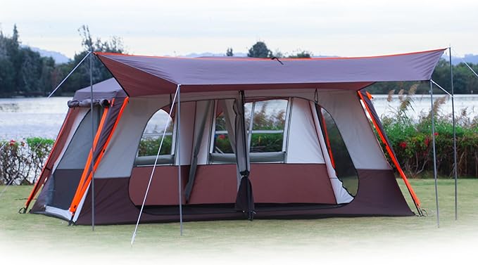 KTT Extra Large Tent 12 Person,Awning Family Cabin Tents,2 Rooms,3 Doors and 3 Windows with Mesh,Straight Wall,Waterproof,Double Layer,Big Tent for Outdoor,Picnic,Camping,Family Gathering