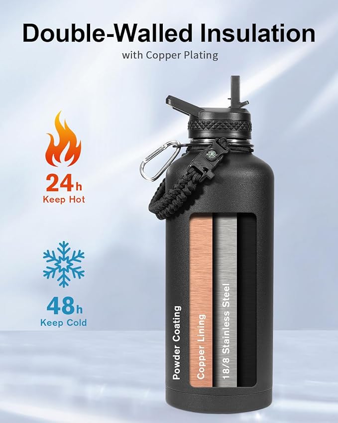 Trebo Water Bottle 87 oz with Paracord Handle, Double Wall Vacuum Stainless Steel Insulated Water Jug (Keep Cold 48hrs),Leakproof Flask For Hot Drinks with Straw Spout Lids, Black